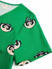 PopScrub THE POWERPUFF GIRLS X SHEIN Women's Energetic All-Over Print V-Neck Scrub Top, Fresh Green Cartoon Big Eye Print Nurse Uniform - Green - View 7