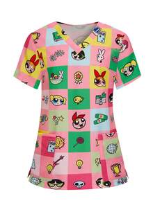 PopScrub THE POWERPUFF GIRLS X SHEIN 女士亮丽格子印花工作服上衣，舒适亲肤V领，带双口袋，制服款 - 彩色 - 查看 1