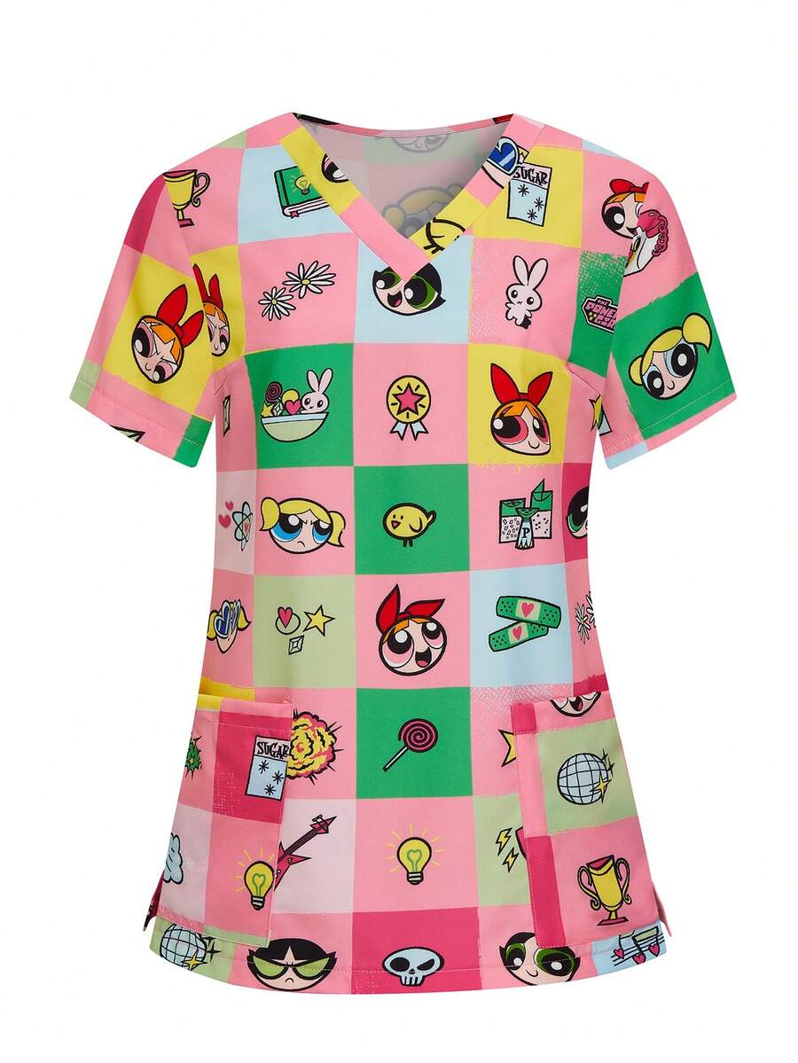 PopScrub THE POWERPUFF GIRLS X SHEIN 女士亮丽格子印花工作服上衣,舒适亲肤V领,带双口袋,制服款 - 彩色 - 查看 1