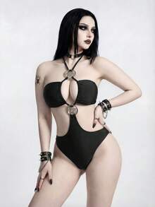 ROMWE Goth 女士黑色纯色露背吊带镂空大五角星金属装饰连体泳衣，哥特风格，2026春夏款 - 黑色 - 查看 3