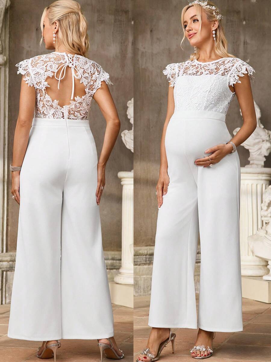 SHEIN Mono de maternidad de pierna ancha con unicolor y encaje de contraste - Blanco - Ver 1