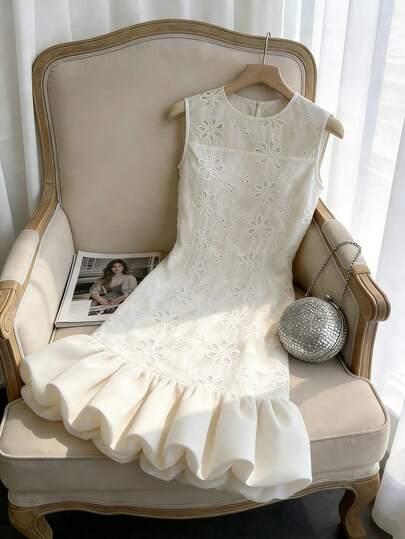 GlowEve 女士刺绣面料圆领无袖褶皱雪纺3D立体花朵泡泡下摆A字优雅浪漫度假衬衫裙，适合婚礼、假日、休闲场合