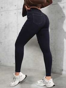 Jeans Skinny de Tiro Alto con Realce Levanta Cola y Rasgados para Mujer - Azul Marino - Ver 3