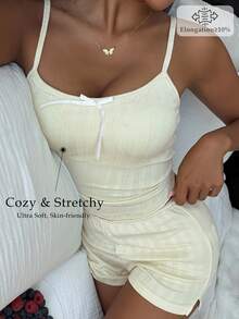 Livesso Bộ đồ ngủ nữ gồm áo hai dây và quần short dệt kim jacquard mềm mại, có đệm ngực tích hợp, thích hợp cho mùa hè. - Màu vàng - Xem 5