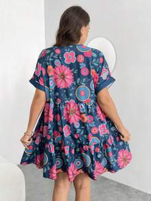 Enliva Plus-Size Women's V-Neck Short-Sleeved Casual Vacation Holiday Light Blue Summer Boho Floral Pattern Dress Flowy Music Festival For Apple Rounded Body - Multicolor - View 2