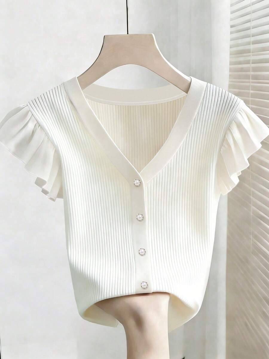 Franclia French V-Neck Ruffle Trim Knit Top, Soft & Age-Reducing Short Sleeve Blouse - White - View 1