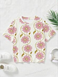 1 chiếc áo thun dệt kim tay ngắn cổ tròn in hoa dáng casual cho bé gái tuổi teen, thích hợp cho kỳ nghỉ biển, trang phục mùa hè, xu hướng thời trang Xuân Hè 2026 mới. - Nhiều màu - Xem 2