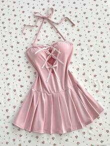 Elamini Women's Bow Decor Fashion Halter Neck Dress - Pink - View 6