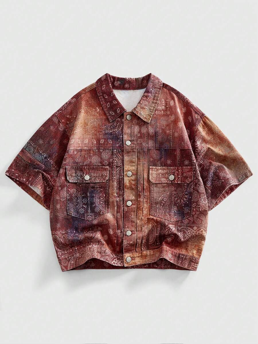 ROMWE MEN Street Life Men's Contrast Color Front Button Pocket Casual Short Sleeve Denim Shirt - Multicolor - View 1