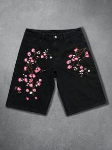 Manfinity EMRG Pantalones cortos de mezclilla lavados con bordado de sakura para hombres - Negro - Ver 4