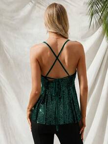 Aveloria Modichic Women's Solid Color Sequin Ruffle Hem Fashionable Elegant Sexy Camisole Golf Pastal Summer - Dark Green - View 2
