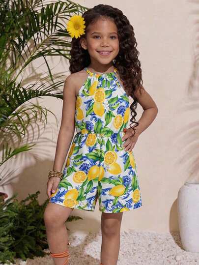 Young Girls 4-7 Years Old Lemon Print Spaghetti Strap Romper, Fresh And Cute, Fashionable And Stylish, Comfortable And Breathable, Suitable For Summer Beach Vacation, Daily Wear, Outdoor Play