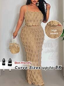 SHEIN CURVE+ Bộ đồ thể thao mới năm 2025: Áo crop top không tay khoét eo và chân váy maxi ôm sát, gợi cảm/thích hợp cho kỳ nghỉ/thanh lịch. - Màu be - Xem 1