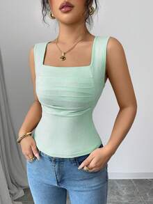 Selianne Women's Elegant Solid Color Square Neck Pleated Casual Tank Top - Mint Green - View 6