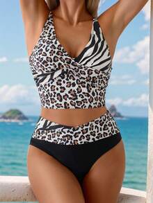 Swim Lushoire 两件套性感豹纹比基尼套装，虎纹交叉泳衣，欧美风海滩度假装 - 彩色 - 查看 1