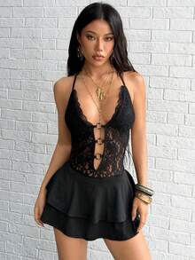Jeanoix Avant-Garde Lace Hollow-Out Backless Strap Double-Layer Flared Mini Dress For Women Clubbing Black Summer - Black - View 7