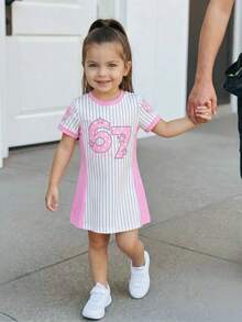 SHEIN Summer Cute Baby Girl Sports Dress,Pink And White Striped Chic Numeric 67 Star Pattern T-Shirt Dress,Daily Casual Carrer Day Outfit For Girls - Pink - View 3