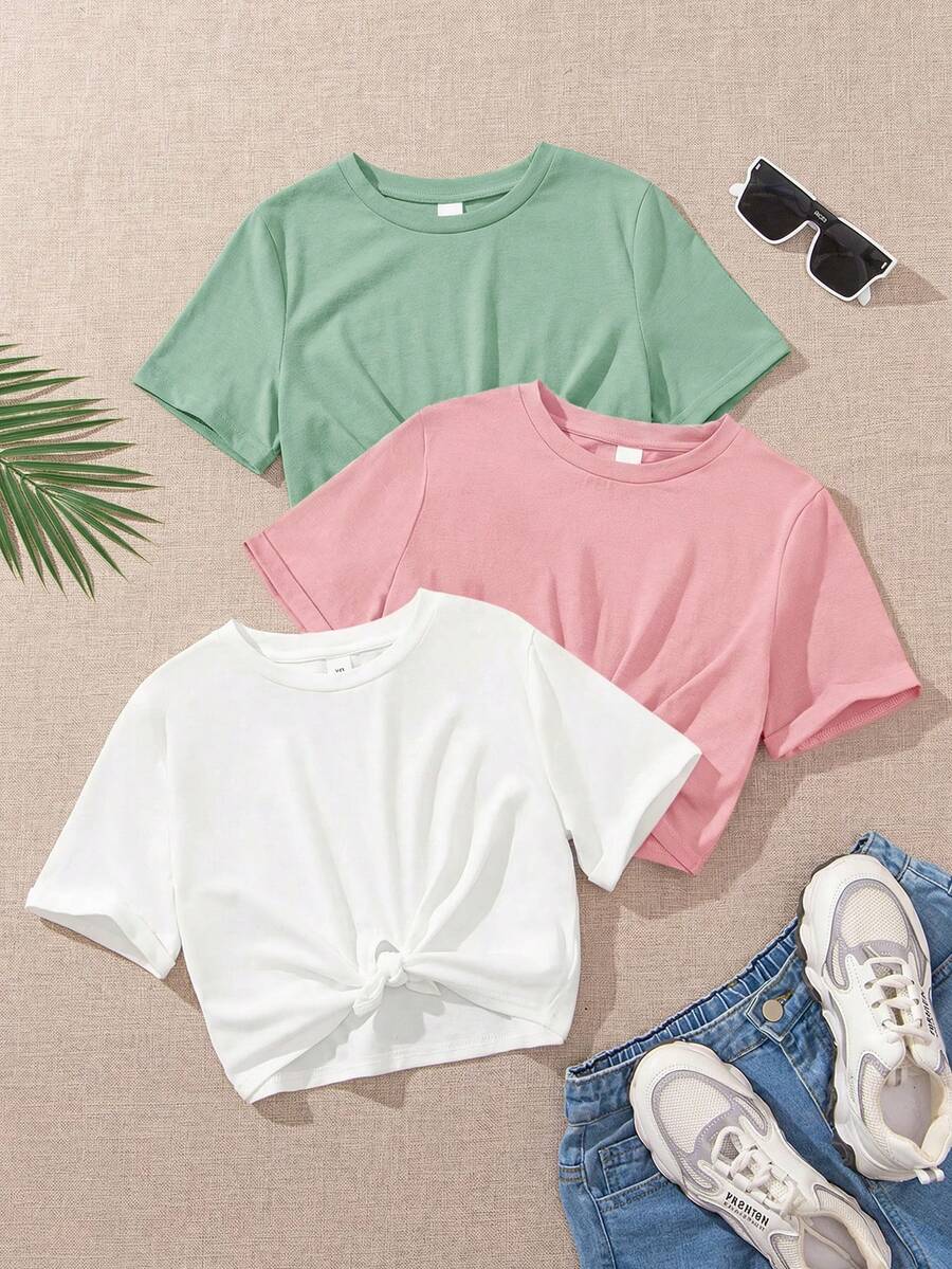 3pcs/Set Tween Girls' Solid Color Round Neck Fitted Cropped Twist Knit Casual T-Shirts - Multicolor - View 1