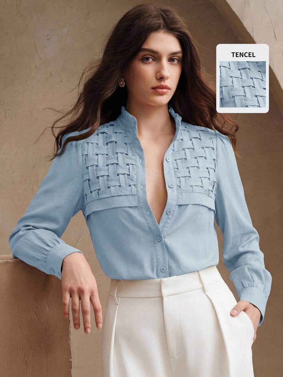 Áo kiểu tay dài xếp ly phồng màu xanh lá cây chất liệu Tencel, kiểu dáng thanh lịch, thích hợp cho mùa xuân hè, hẹn hò, đi chơi, đi làm. - Màu xanh nhạt - Xem 1