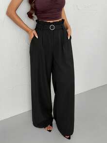 SHEIN PETITE Casual And Versatile Long Pants With Ruffle Details, New Arrival For Winter, High-Waisted, Slimming, Straight-Leg Women's Pants In Black. - Black - View 7