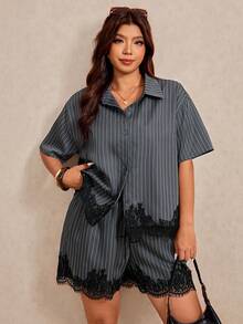 Elaquor Bộ đồ 2 mảnh dành cho nữ cỡ lớn: áo ngắn tay kẻ sọc phối ren và quần short, kiểu dáng thường ngày. - Nhiều màu - Xem 5