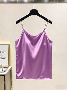 GlowEve Elegant Commuter Delicate French V-Neck Satin Camisole With Pearl Decor, Suitable As Layering Piece For Women - Purple - View 2