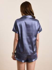 Contrast Piping Satin PJ Set / Pajama Set - Grey - View 2