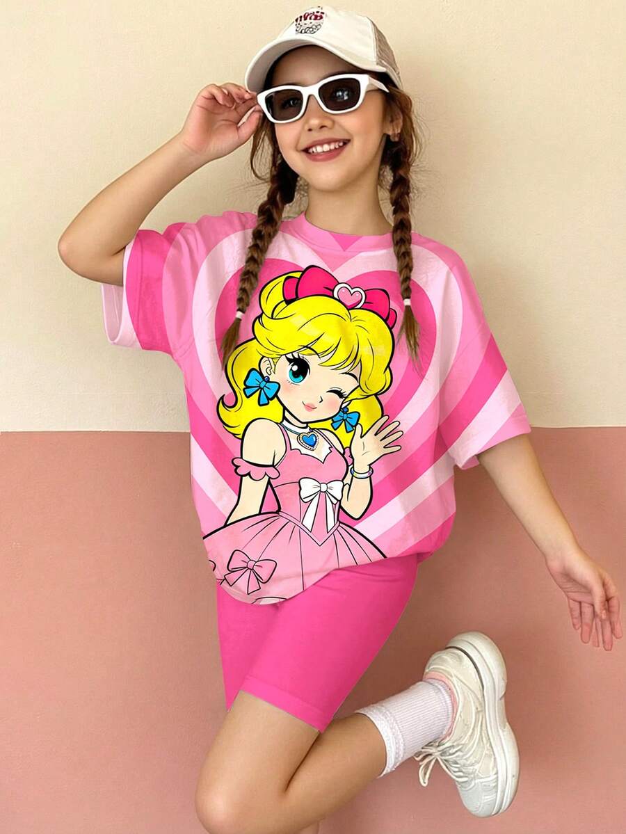 Bright & Twinkle,Powder Pink,Cute Cartoon Girl & Heart Print,Tween Girls Summer 2-Piece Set,Casual Round Neck T-Shirt & Shorts,Comfortable Daily Wear - Multicolor - View 1