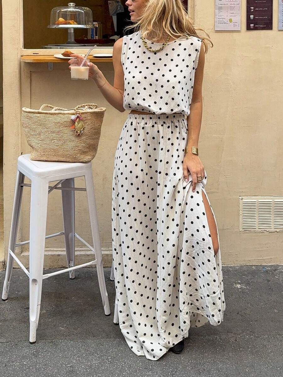 女士波点印花圆领吊带背心和迷你裙两件套 - 黑與白 - 查看 1