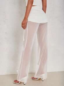Glamine Summer Pure Desire Style White Sheer Mesh Long Pants For Women, High Waist With Side Drawstring Ruched Design, Slimming Butterfly Applique Flare Leg Y2K Sexy Trousers, Versatile Elegant Casual Pants For Beach Vacation, Date & Commute - White - View 2