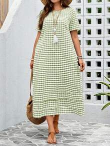 EMERY ROSE Vestido casual de manga corta con cuello redondo y estampado de cuadros, talla grande, para verano - Verde - Ver 5