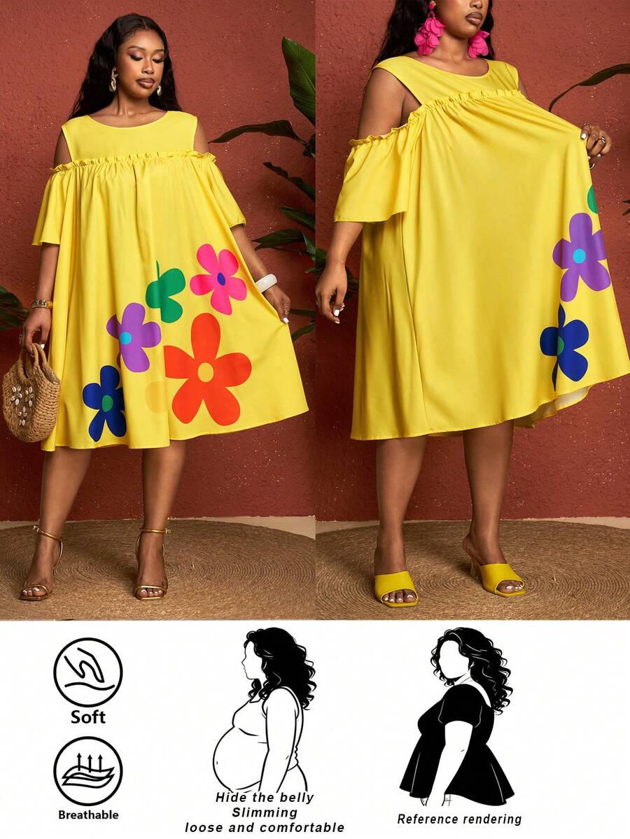 SHEIN CURVE+ Curve Size US22音乐节、海滨度假、波西米亚风连衣裙 - 黃色 - 查看 1