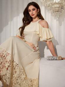 Modelyn Sweet & Youthful Yellow Elegant Ruffle Off-Shoulder Embroidered Patchwork Mid-Length Dress For Women - Apricot - View 3