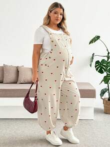 SHEIN Plus Size Maternity Heart Pattern Casual Wide Leg Jumpsuit Vacation Outfits Work Outfits - Apricot - View 4