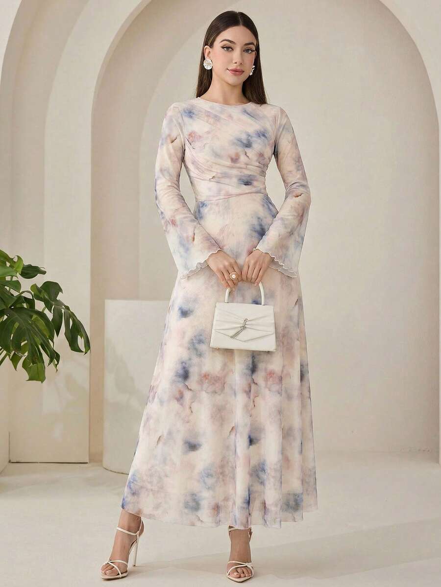 Veilorie 女士扎染圆领喇叭袖优雅长裙 - 淡紫色 - 查看 1