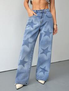 SHEIN PETITE Quần jeans nữ màu xanh dương đính kim cương lấp lánh, cạp thấp, ống rộng, phong cách lễ hội âm nhạc Y2K. - Màu xanh lam - Xem 4