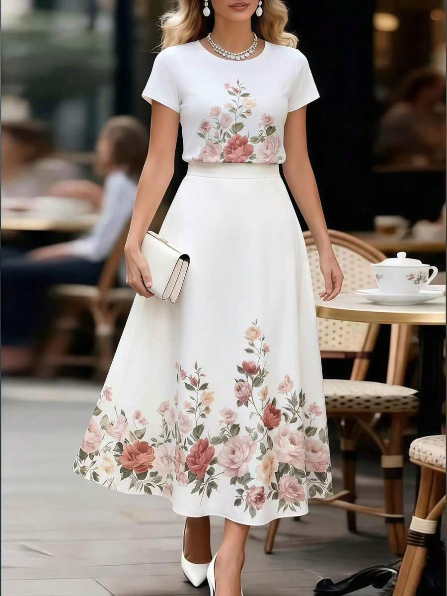 Balvessa Bộ 2 món gồm áo thun trắng in hoa và chân váy chữ A cho nữ, kiểu dáng thanh lịch. - trắng - Xem 1