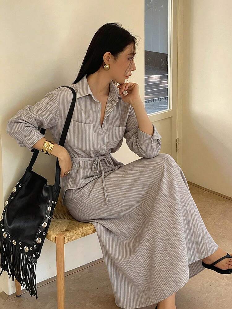 Women's Casual Vacation Tie-Waist Striped Shirt Top And Skirt 2-Piece Set, Spring/Summer