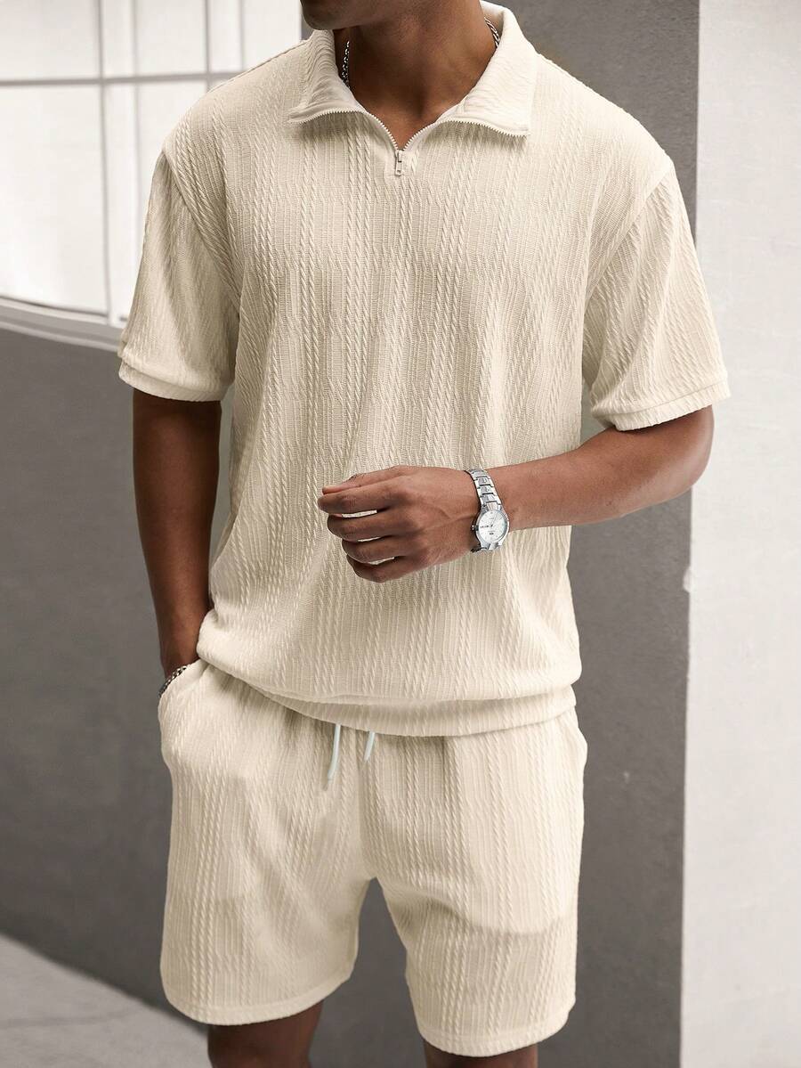 Manfinity Homme Men's Textured Versatile Zip-Up Polo Shirt And Casual Drawstring Waist Pocket Shorts Set - Beige - View 1