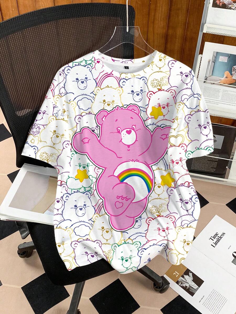 SHEIN X Care Bears 女士休闲熊图案印花T恤,夏季 - 白色 - 查看 1