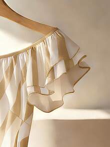 Franclia Plus Size French Style Off-Shoulder Ruffle Trim Striped Blouse - Khaki - View 3