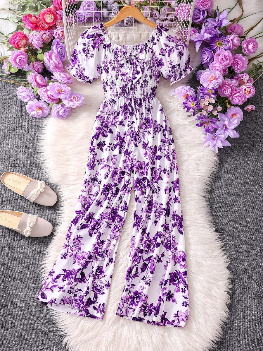 Sparklyn Girls' Allover Print Jumpsuit With Square Collar And Puff Sleeves, Summer Vacation Style - Purple - View 1