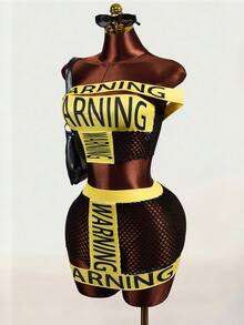 Mistrie 性感夏季女式T恤，采用时尚字母印花和网眼拼接设计，引领潮流的时尚上衣 - 彩色 - 查看 5