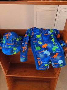 SHEIN 2pcs/Set Young Boys Cute Cartoon Print Color Block Long Sleeve Rash Guard & Hat Swimsuit Set, Suitable For Beach, Pool, Spring/Summer - Multicolor - View 6