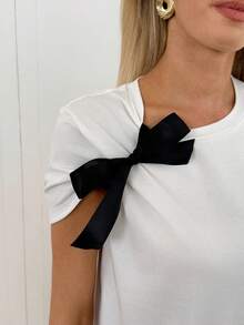 Easowa Áo thun nữ tay ngắn cổ tròn màu trắng bằng cotton, thích hợp mặc hàng ngày, thiết kế nơ bướm. Áo thun cotton trắng cổ điển dành cho nữ với chi tiết nơ bướm thanh lịch ở vai, chất liệu mềm mại, thoải mái, tay ngắn, thích hợp cho mùa hè, ngày của mẹ, áo kiểu thường ngày cho nữ. - trắng - Xem 9