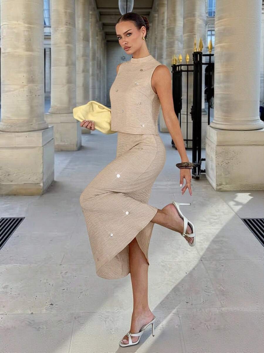 Siren Gaze 女士春夏新款亮片细节纹理镂空露背吊带背心和迷你裙套装 - 杏色 - 查看 1