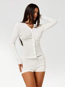 SHEIN ICON Women's Casual Solid Color Cardigan And Shorts 2 Pieces Set - White - View 7