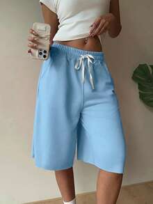 SHEIN EZwear 天蓝色休闲加大码女式抽绳百慕大短裤 - 天藍色 - 查看 1