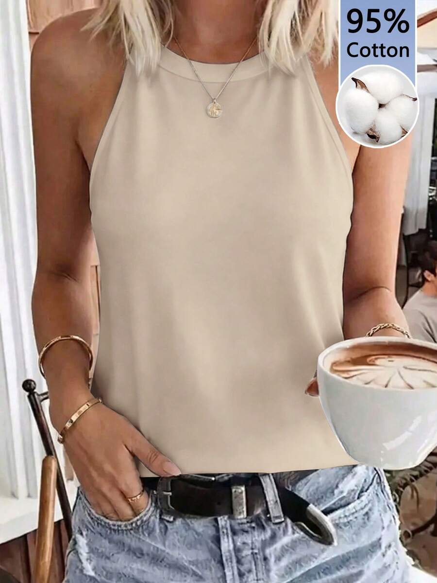 SHEIN LUNE 95% Cotton Women Casual Tight-Fitting Halter Neck Camisole, Suitable For Summer - Camel - View 1