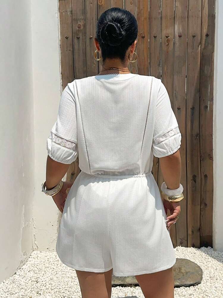 Dazy Plus White Lace Patchwork Hollow Out Drawstring Waist Casual Shorts, Vacation Style Plus Size, White Short Sleeve Jumpsuit For Spring/Summer